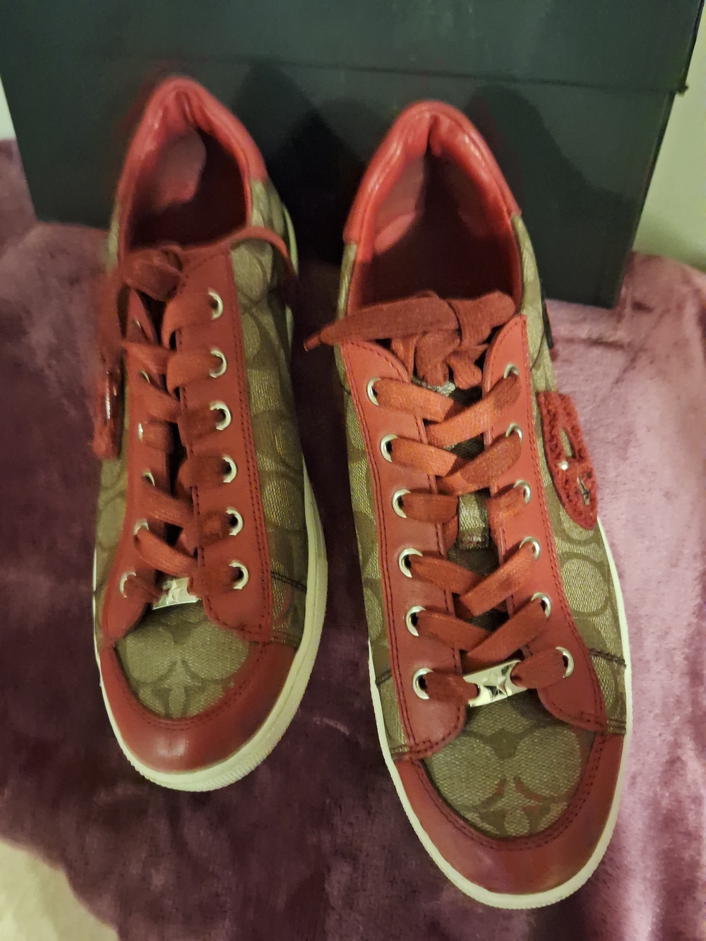 Coach Brown Monogram Sneakers with Red Leather Accents - Picture 2 of 7